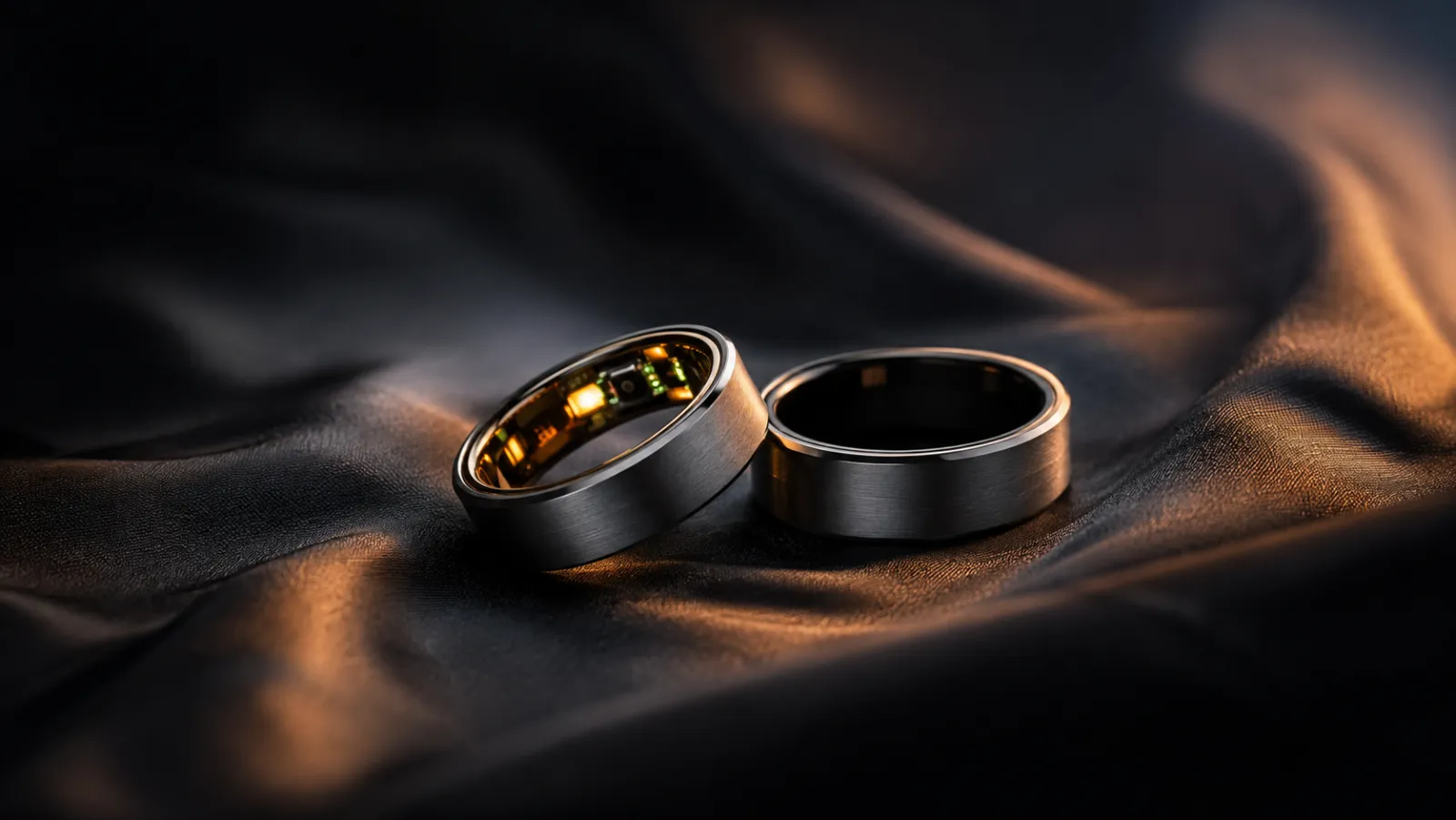 A pair of LoveRing smart rings on black silk