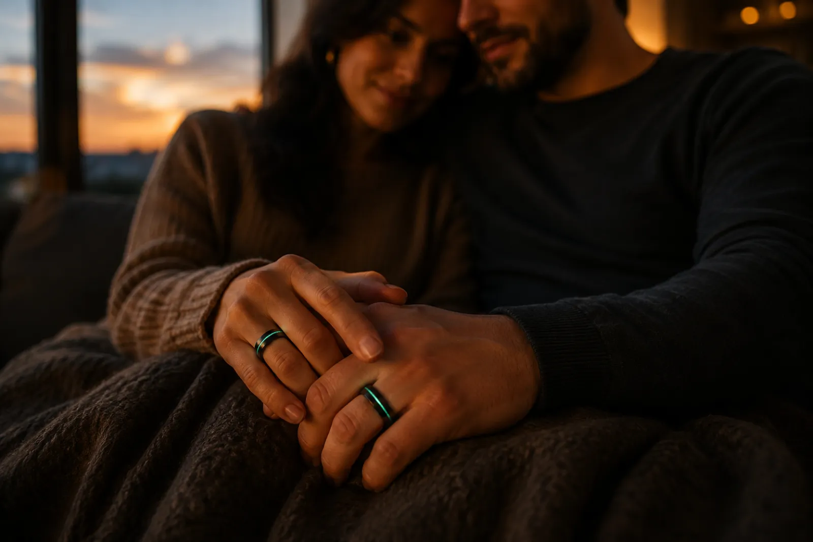 A couple at dusk, hands overlapping, both rings glowing in unison