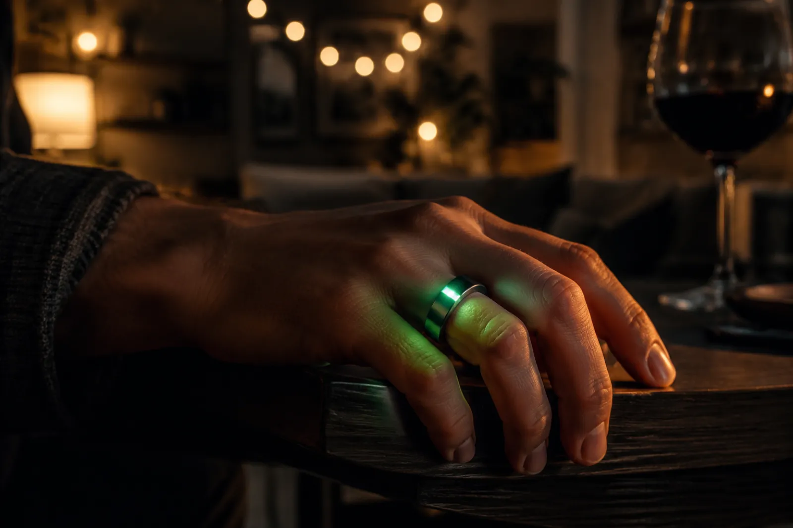 A ring glowing softly green on a hand in a dim evening room