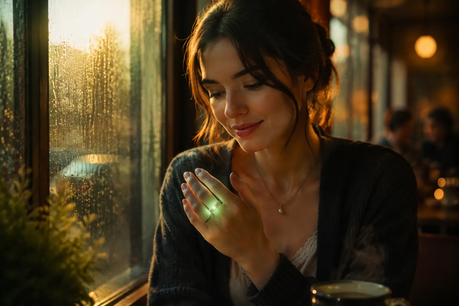 A woman in a café smiling at her glowing ring