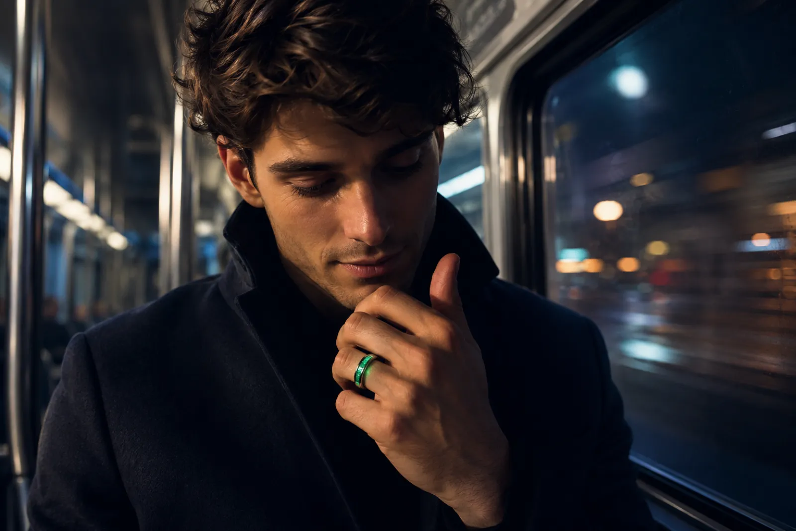 A man in a subway car touching his glowing ring