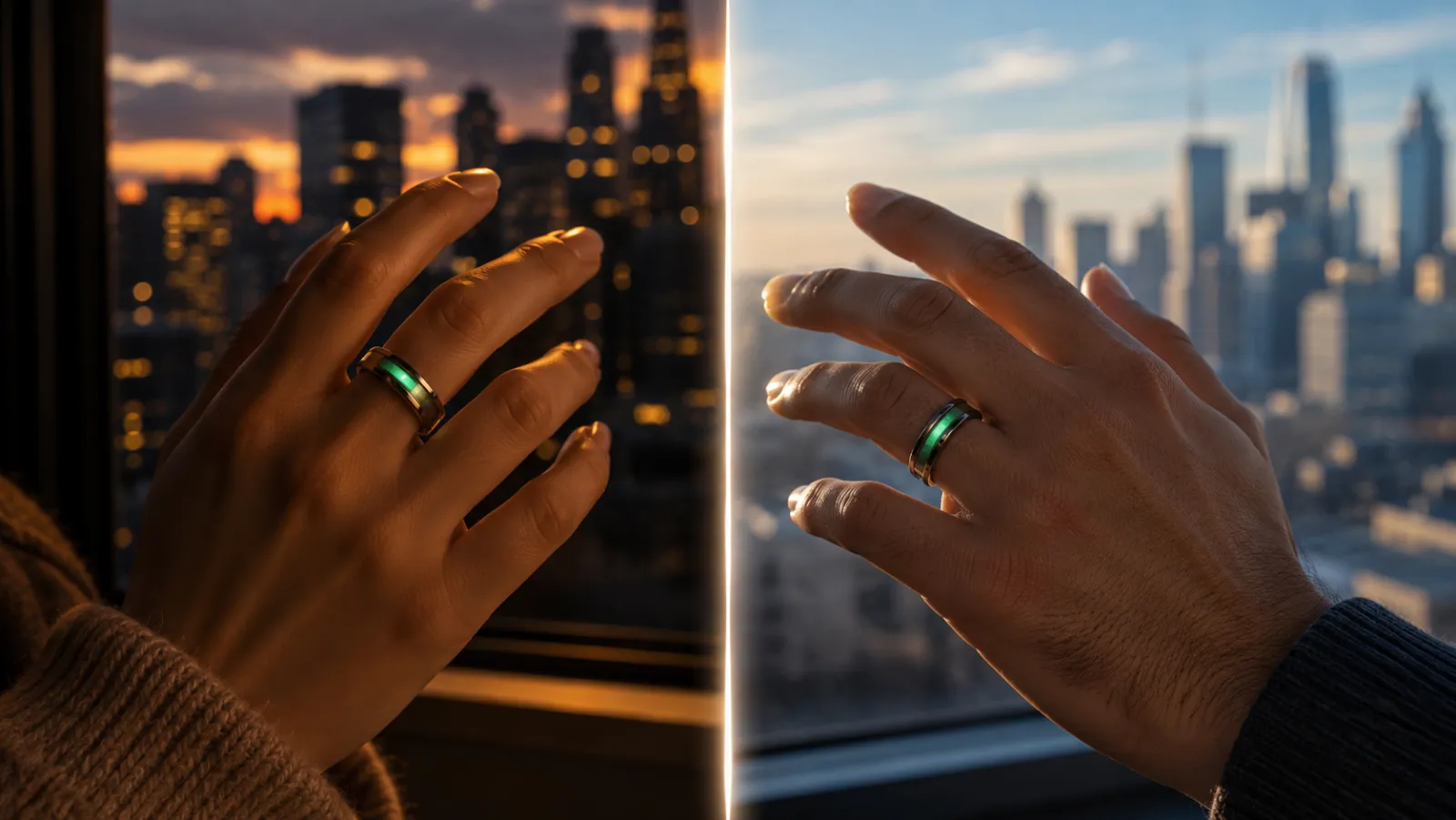 Two hands with glowing rings in two different cities and time zones